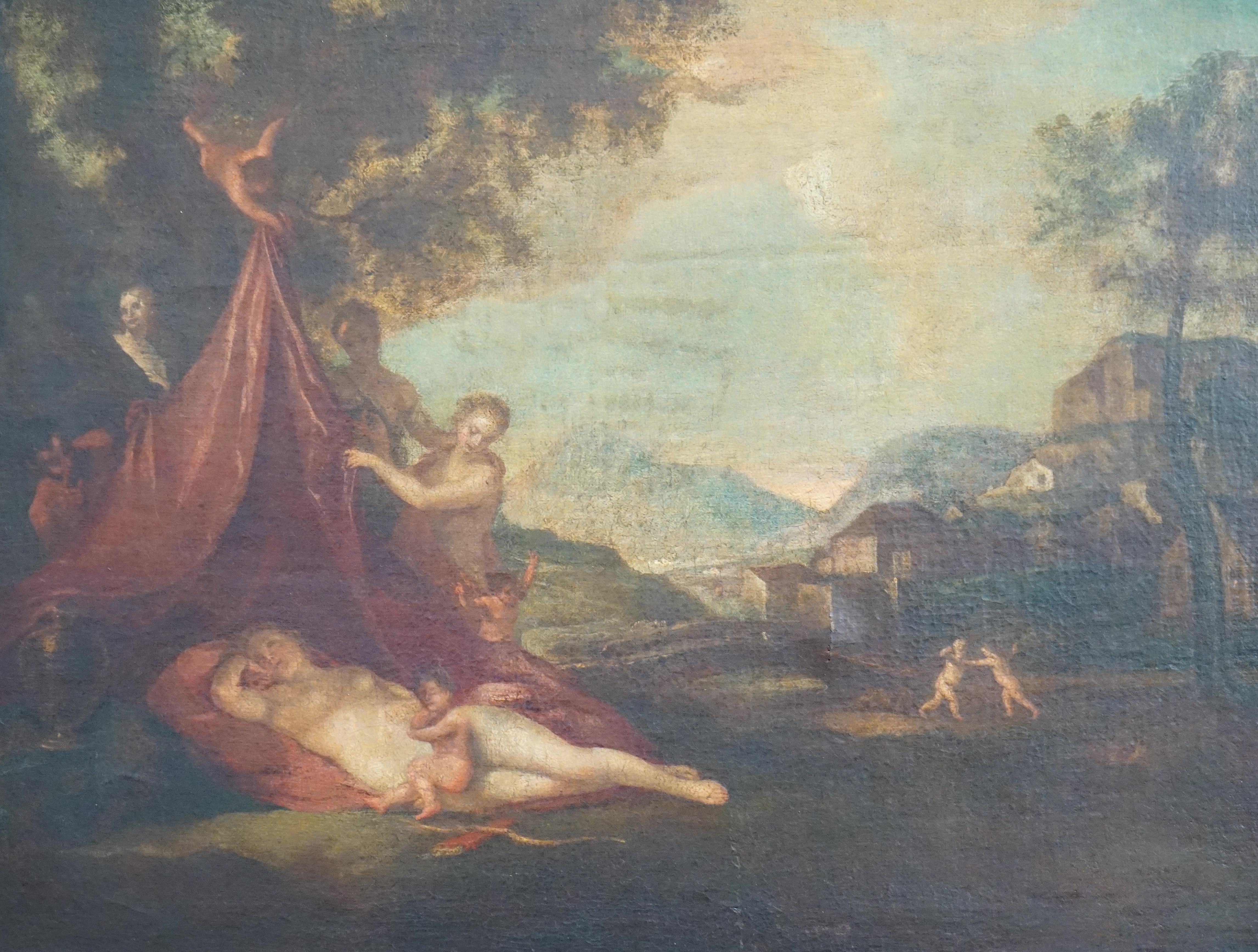 18th century French School, Venus sleeping in a landscape with attendants, oil on canvas, 54 x 71cm